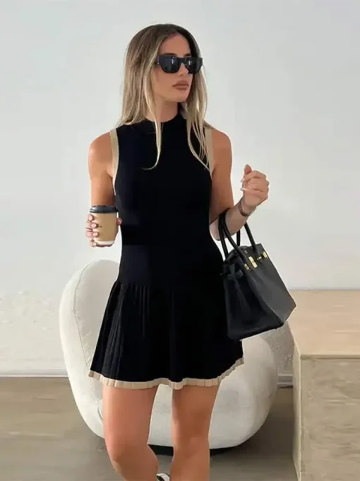 Women's Sleeveless Color Blocking Knitted Mini Dress - High Waist & Pleated High Streetwear - Image 2