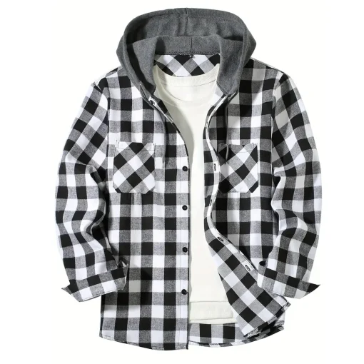 kf Se66f425626c24cc88f0ee722e3686223j Men s Shirts Classic Plaid Casual Button Down Hooded Long Sleeved Double Pockets Shirt Hoodie Flannel