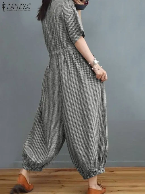 Summer Women’s Plaid Jumpsuit – Casual Loose-Fit Wide-Leg Romper with Half Sleeves - Image 2