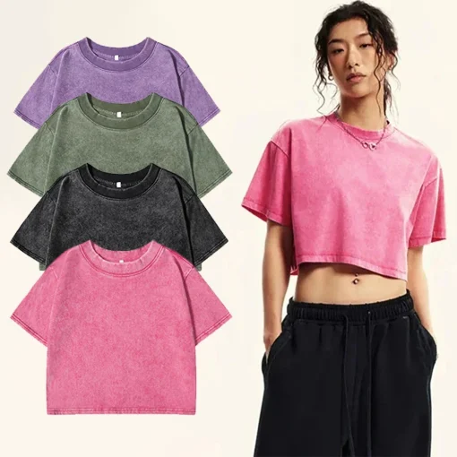 Solid Color Slim Washed T-shirt Women - Retro Casual Cotton Tee