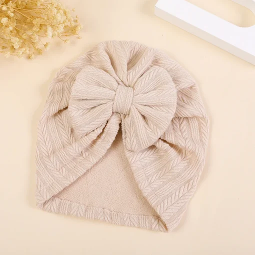 kf Se798fe731f6b4c85b16f8eb11f3ef349A New Fashion Ribbed Bow Baby Turban Hat Infant Soft Elastic Beanies Cap Breathable Solid Color Baby