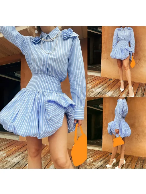 kf Se7a9d752494f41c294ac76608ba1d64ct Women s Summer Mini Puff Skirt Y2K Aesthetic Fairy Striped Bubble Skirt Ruched Irregular Hem Party