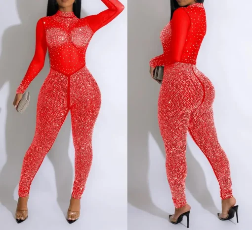 Sexy Mesh Diamond Jumpsuit for Women – 2023 Autumn/Winter Long Sleeve - Image 3