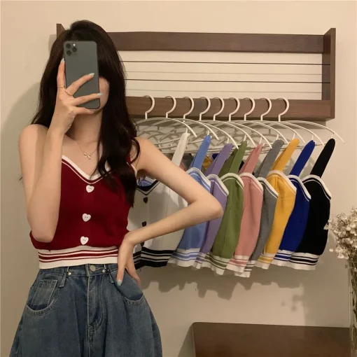 kf Se7e54cdb18844947958873e9388a942bP Tank Tops Women Summer Fashion 2023 Y2K Cute Korean Knitted Love Button Tight Casual Vest Blue