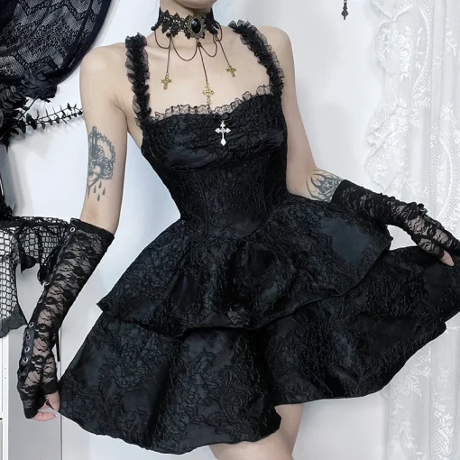 kf Se88dc4e109f344bbbba09ba98683f573b Gothic Jacquard Double Cake Suspender Dress Women Vintage Lace Trim Backless A Line Mini Dress