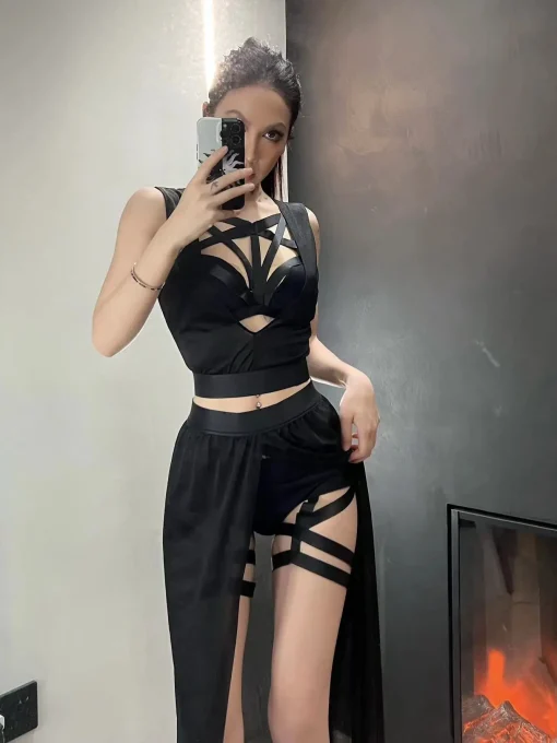 kf Se99282f5e086487883eb5e9970320918d Goth Club Mesh Sexy Summer Corsets Skirt Set Women Sleeveless Black Crop Bra Top Bandage Underpants