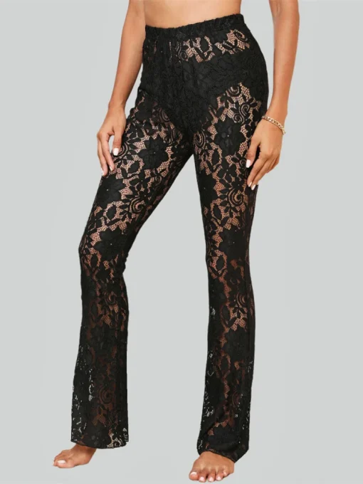 kf Se9b8e57df8d64f66a77bcb934510e55fn Sexy Women s Sheer Lace Pants High Waist See Through Flare Pants Bell Bottoms Trousers Beachwear