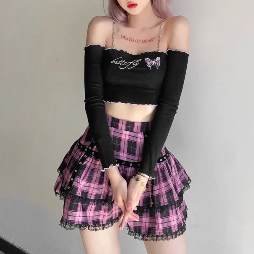 kf Se9dd4c8a69314b74800f4a5e34c8b6ffc Lolita Cake Mini Skirts Gothic Japanese Harajuku Girls Purple Pink Plaid Pleated Skirt Punk Sweet Lace