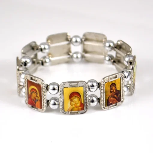 Orthodox Icon Rosary Beads Bracelet | JESUS & Virgin Mary Religious Fashion Jewelry | Elastic Alloy Strand Bracelet