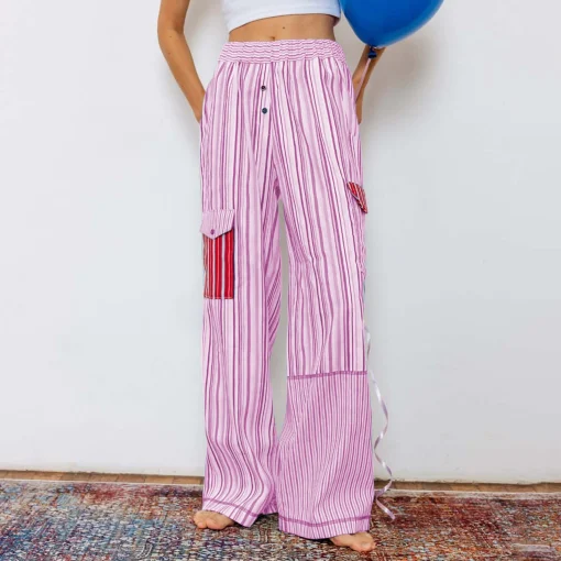 kf Seb3628b8078340ac8c39b07027e5434cT Women Harajuku Striped Pants Elastic Waist Casual Pants Loose Trousers with Pockets Female Y2K Oversized Wide