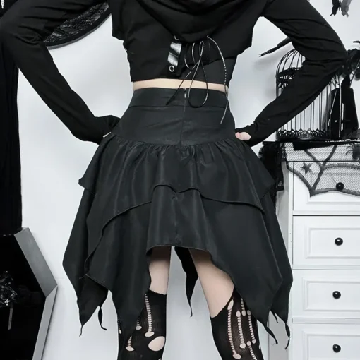 kf Seb5a7714600643bd9764d4517c6ff39bR Gothic Punk Irregular Skirts New Sexy Women Solid Color Drawstring Tie Up Ruched Ruffles Mini Skirt