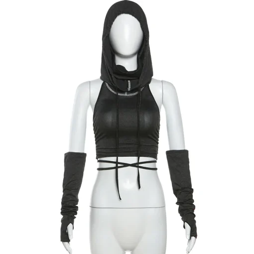 kf Seb948a43e38341ad8c1aed719badbbe48 Cyber Y2k Punk Women Sexy Shorts Suits Gothic Backless Hooded Crop Tank Tops Grunge Bandage Ruched