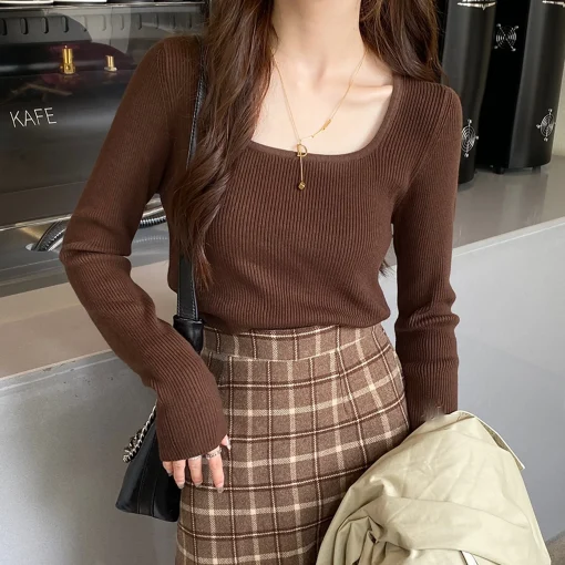 kf Sebae88c7aca34b50821afb98b4d9f833L Square Collar Sweater For Women Korean Style Y2k Autumn Winter Long Sleeve Knitted Tops Solid Pull