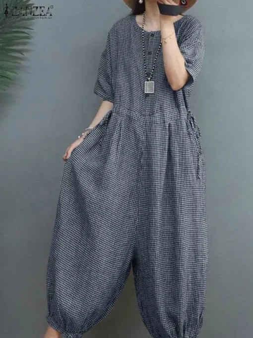 Summer Women’s Plaid Jumpsuit – Casual Loose-Fit Wide-Leg Romper with Half Sleeves - Image 5