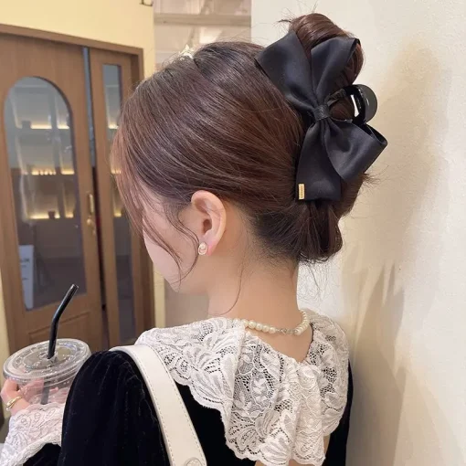 kf Sebedf283fd994ea9b5c4df8a01e3d2aa4 AISHG Large Black Fabric Bow Grab Hair Clips Women s New Korean Style Hairpin Fashion Shark