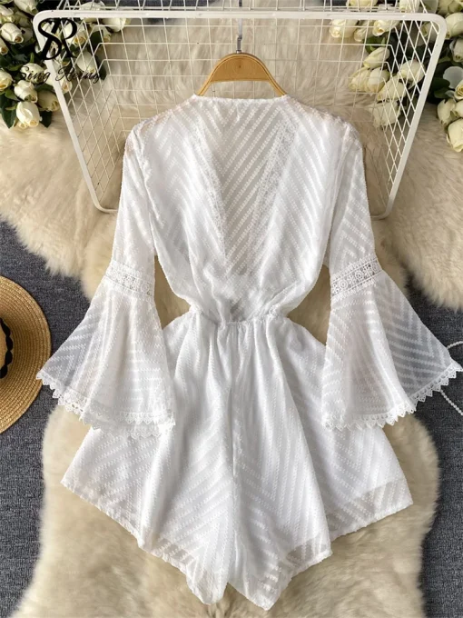 kf Sec598526e4804cad8f8d642387f4ed1bV SINGREINY Women American Senior Mesh Jumpsuits 2024 Newest Flared Sleeves Lace up Loose Sheer Summer Chic