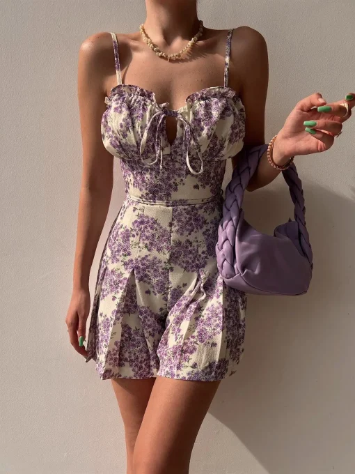 kf Sec5b03fb8e2d4f98830218558b45994cF Casual Summer Jumpsuits Sexy Women Rompers Beach Bohemian Fashion Flower Print Sexy Bow V Neck Sleeveless