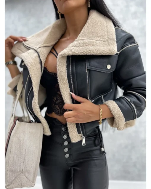 Faux Leather Jacket for Women | PU Short Thick Warm Black Aviator Retro Lapel Velvet Coat | New Year Winter Tops