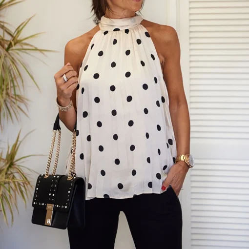 kf Sef52fb6b6c3d4476bfd099f9b90a93329 Summer Women Shirt Polka Dot Hanging Neck Sleeveless Elegant Commuting Female Blouse Fashion Scarf Neck Top