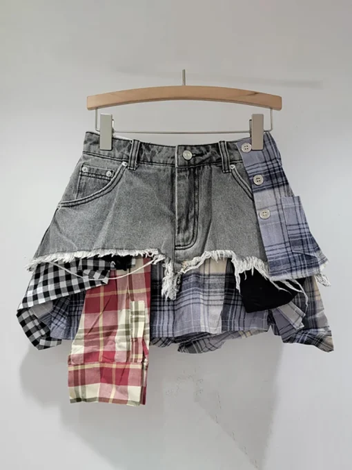 DEAT Women's Denim Skirt Colored Plaid Patchwork Irregular Deconstructed A-line High Waist Mini Skirt 2024 Autumn New Fashion - Image 2