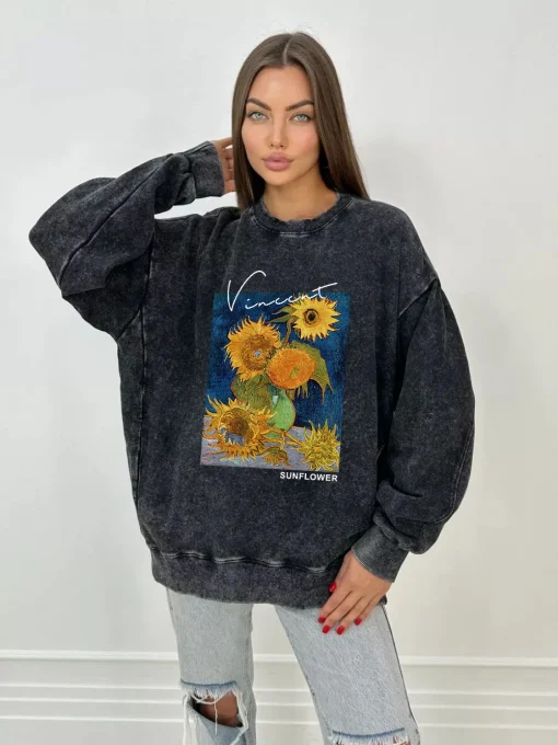 Oversized Acid Wash Van Gogh Sunflower Hoodie | Vintage Cotton Pullover Sweatshirt