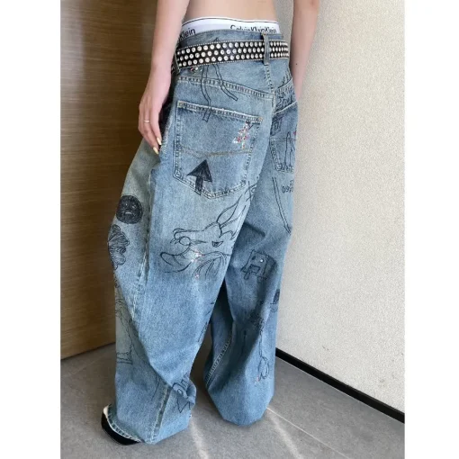 kf Sf14fa7235fc443fb9f5773fa19bd9cb03 Fashion Hip Hop Harajuku New Harem Pants Men Loose Wide Legs Hand Painted Graffiti Blue Jeans