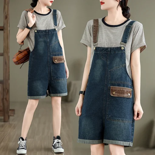 kf Sf3660045eb624874835bdcebafdfa03eZ Aricaca High Waist Casual Spliced Denim Jumpsuit Women Fashion Casual Jean Overalls short Rompers