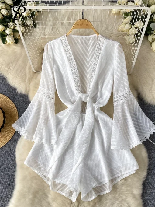 kf Sf3a0b5657c6447f7926bfacffdbc25c0t SINGREINY Women American Senior Mesh Jumpsuits 2024 Newest Flared Sleeves Lace up Loose Sheer Summer Chic