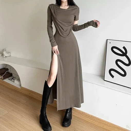 kf Sf3db38f0b9e84709b667ca56fc0934c8B Hooded Dress Black Khaki Long Dress Split Off Shoulder Sleeveless Outer Sleeve Gothic Summer Slim Women