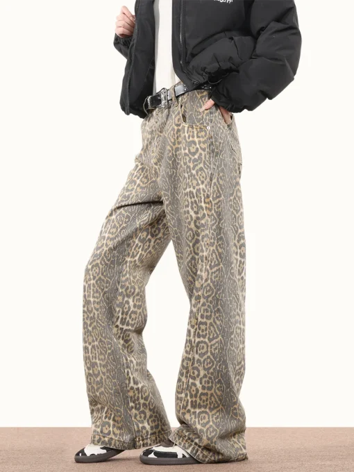 Women’s Leopard Print High Waist Wide Leg Jeans – Y2K Retro Streetwear, Loose Fit - Image 3