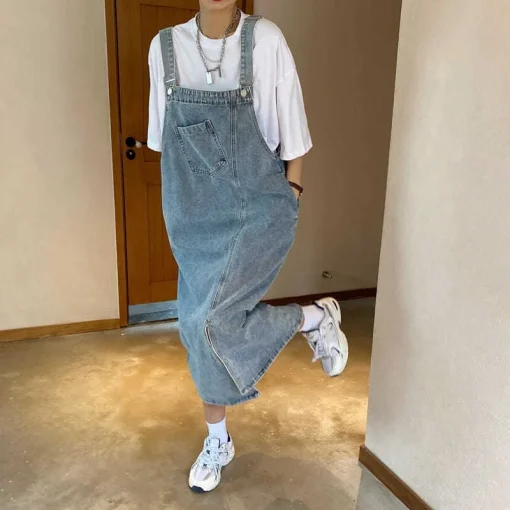 Women's Spring Summer Denim Overall Dress - Sleeveless Casual Loose Spaghetti Strap Maxi Dress with Pockets