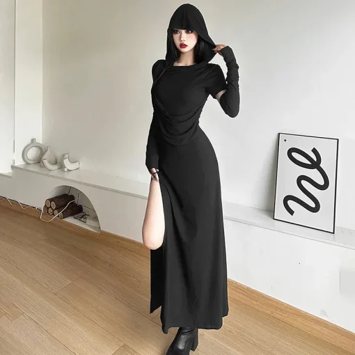 kf Sf540f54c87a9468fb1dcc06500de0288s Hooded Dress Black Khaki Long Dress Split Off Shoulder Sleeveless Outer Sleeve Gothic Summer Slim Women