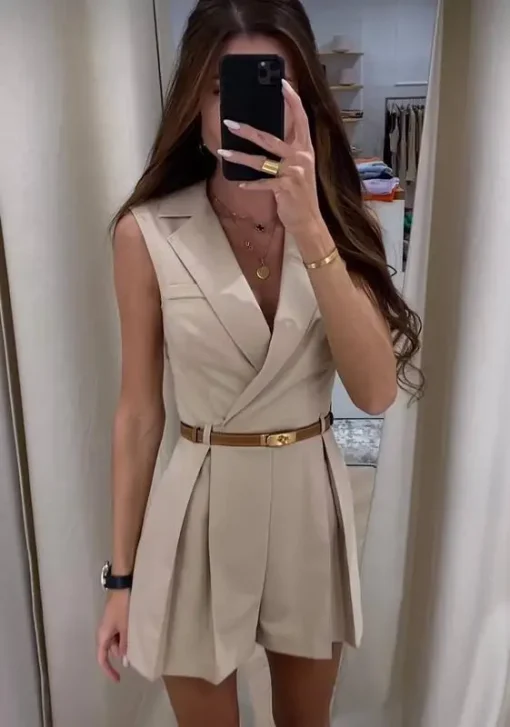 kf Sf6e4f4a56d634433b3bdb70075e00c6bg New Fashion V neck Style Solid Color Commuter Sleeveless Suit Shorts jumpsuit Women s Waist Tie