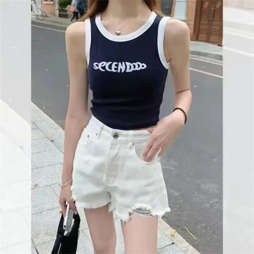 kf Sf6e822929ac540f3bda7a4267ccbb80cZ Y2K Crop Top Women Embroidery Letter Aesthetic Vest Femme Cropped Knit Tank Tops Tight Fashion Tops