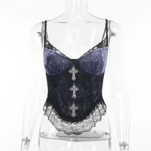 kf Sf70fe8571e4b4c588877f26579fdd99e8 Purple Velvet Cross Pendant Lace Trim Camis Corset Crop Tops Y2K Sexy Sleeveless Backless Slim Camisole