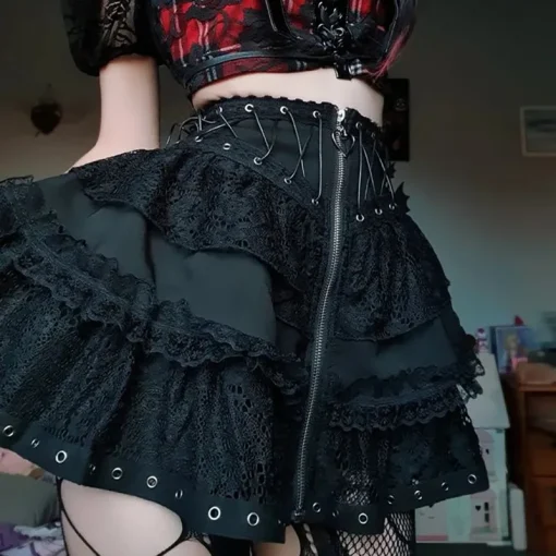 kf Sf740e0061471497aa06d6e49b427e5f9f Streetwear Gothic Lace Skirt Women Emo Alternative Y2k E girl Lolita High Waist Skirt Harajuku Grunge