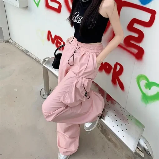 kf Sf744166e562b4cd081800c4c3038310dU Y2K Parachute Black Pants Women Hippie Streetwear Oversize Pockets Cargo Trousers Harajuku Wide Leg Baggy Sweatpants