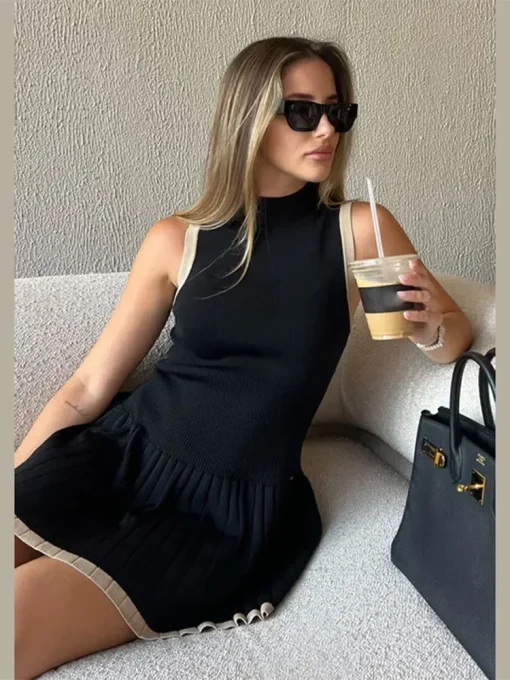 Women's Sleeveless Color Blocking Knitted Mini Dress - High Waist & Pleated High Streetwear