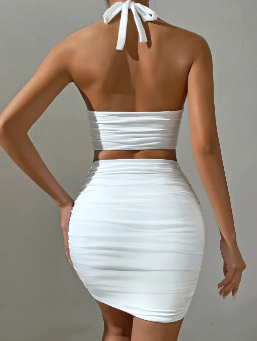 kf Sf7e774290bb54cee8b6912160b0d86f4t Women White Sexy Halter Neck Sleeveless Backless Two Piece Set Strapless Pleated Slim Bodycon Evening Dresses