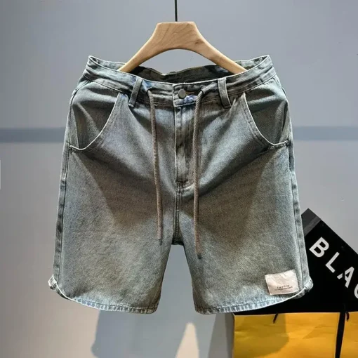 kf Sf8249dce115e4092bf823947f9fc13c1M Male Denim Shorts Text with Pockets Drawstring Men s Short Jeans Pants Vintage New in Streetwear