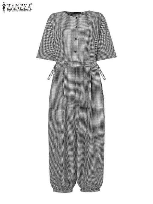 Summer Women’s Plaid Jumpsuit – Casual Loose-Fit Wide-Leg Romper with Half Sleeves - Image 6