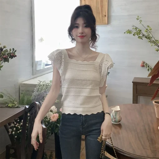 kf Sf9001b60a0284d80a3451e2042d748daB Summer 2024 Kawaii Women s Knit Vintage Butterfly Sleeve T shirt Female Square Collar Cute Short