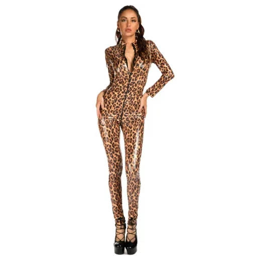 kf Sf9e2b650b7574a15bdf8b37b815b24adF Woman Sexy Crotchless Leopard Latex Jumpsuits Double Zipper Open Crotch PVC Bodysuit PU Leather Catsuit Leopard