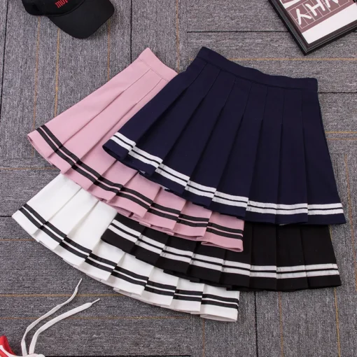 kf Sfa583fe38a7648fd9aaea595a084b924u High Waist Women s Skirts Striped Pleated Elastic Waist Female Sweet Mini Dance Plaid Skirt Y2k