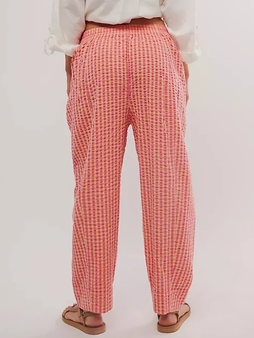 kf Sfa685878ee784937b1713af252c0e17b5 Women s Spring Summer Baggy Pants Elastic Waistband Wide Leg Plaid Pants with 2 Pockets Gingham