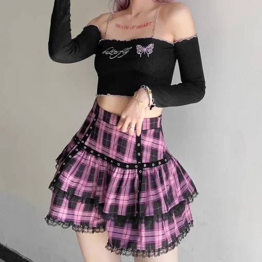 kf Sfad843d5fd774bcb83e65536de0b6715c Lolita Cake Mini Skirts Gothic Japanese Harajuku Girls Purple Pink Plaid Pleated Skirt Punk Sweet Lace