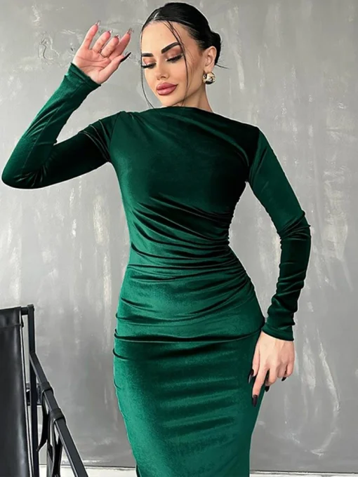 Velvet Long Sleeve Ruched Midi Dress – Spring/Summer 2024