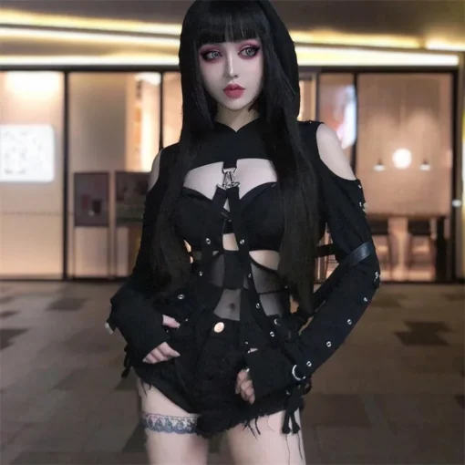 kf Sfbe26514fa104e0881fc46e3002f5c24d Black Gothic Crop Top Women Hoodies Punk Sweatshirt Off Shoulder Lace Up Hooded Pullover Cat Ear