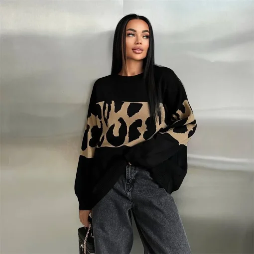 Autumn Winter Vintage Leopard Print Women's Sweater | Loose Casual Oversized Knitwear | Fashion O-Neck Sweater for Women 2024