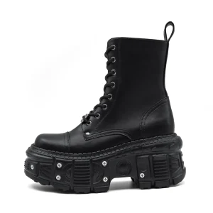 2024 Punk Platform Ankle Boots for Women – Lace-Up Round Toe Chunky Retro Rock Style with Metal Decor